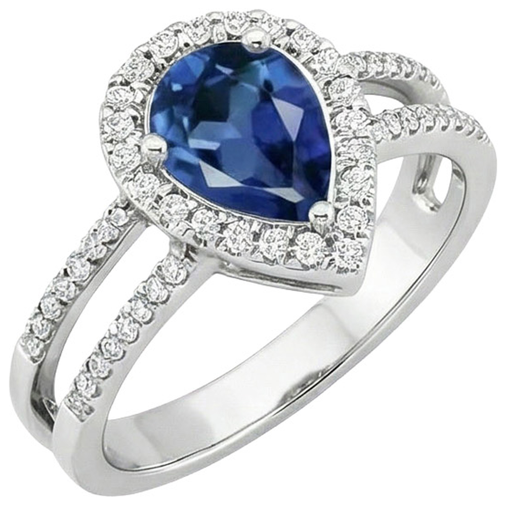 5.80 Carats Pear Ceylon Sapphire & Natural Earth Mined Diamond Engagement Ring 14K Gold