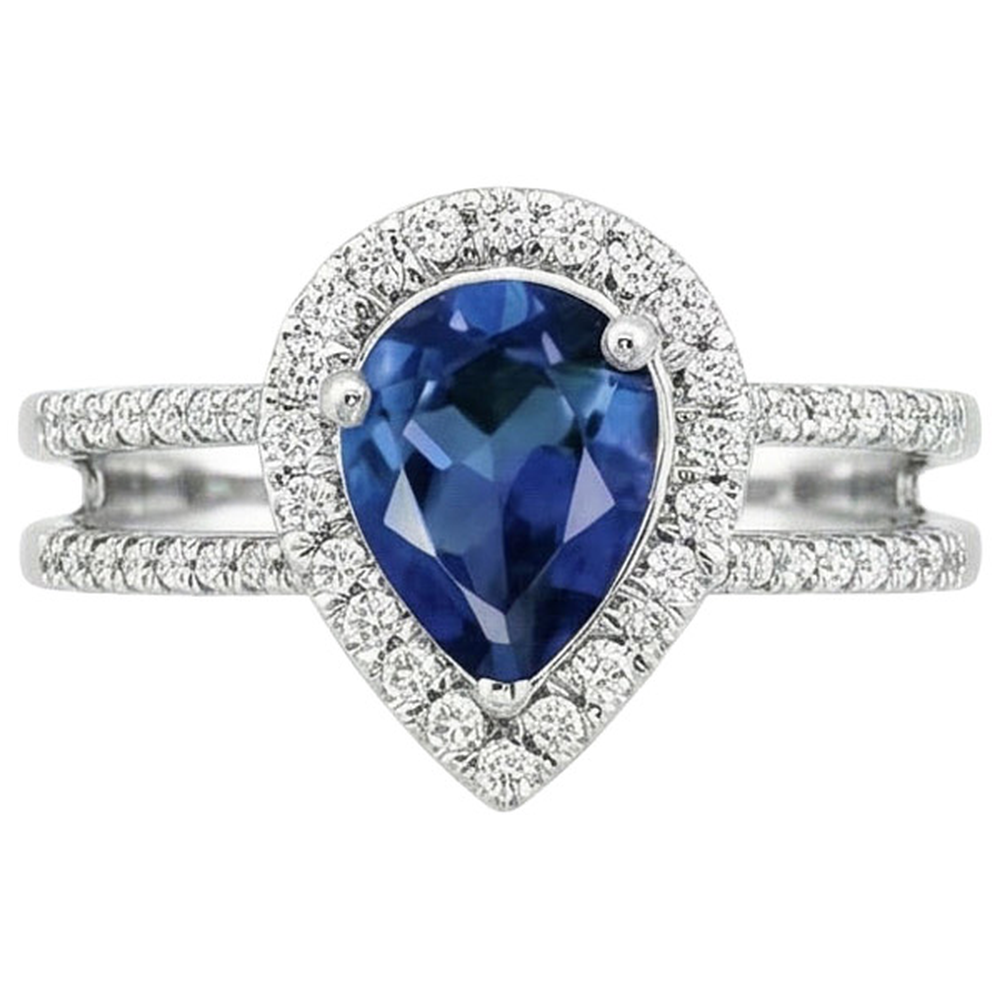 5.80 Carats Pear Ceylon Sapphire & Natural Earth Mined Diamond Engagement Ring 14K Gold