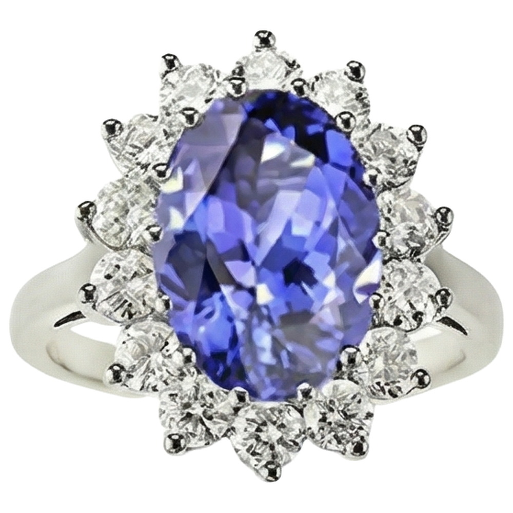 5.80 Ct Blue Tanzanite With White Natural Earth Mined Diamonds Cluster Ring Gold