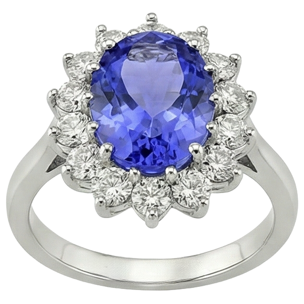 5.80 Ct Blue Tanzanite With White Natural Earth Mined Diamonds Cluster Ring Gold