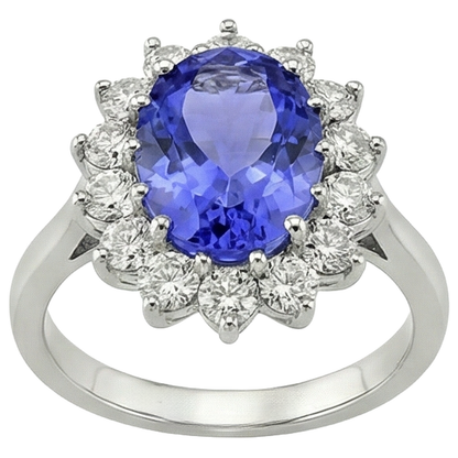 5.80 Ct Blue Tanzanite With White Natural Earth Mined Diamonds Cluster Ring Gold