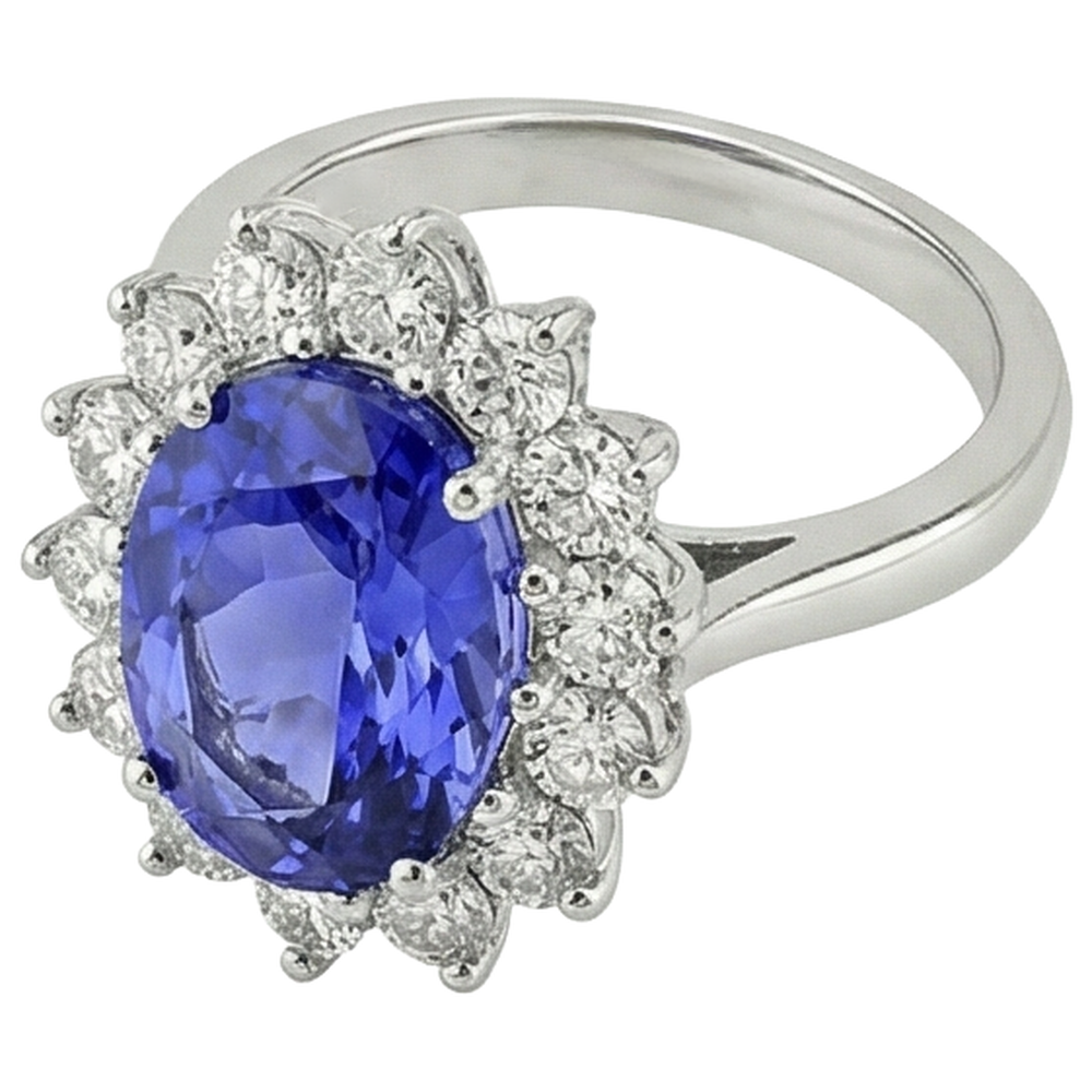 5.80 Ct Blue Tanzanite With White Natural Earth Mined Diamonds Cluster Ring Gold