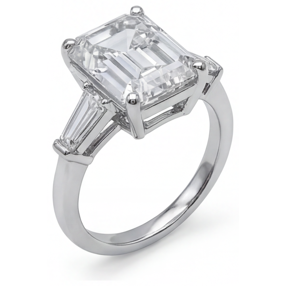 5.80 Ct. Emerald & Baguettes Natural Real Diamond ( Not Lab Grown ) 3 Stone Ring White Gold New