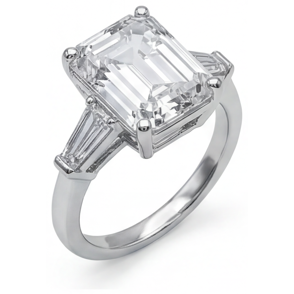 5.80 Ct. Emerald & Baguettes Natural Real Diamond ( Not Lab Grown ) 3 Stone Ring White Gold New