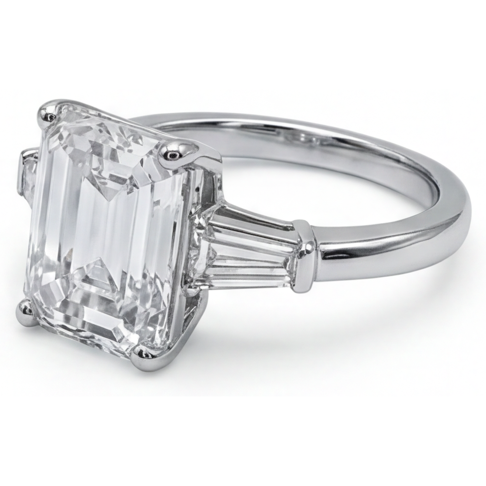 5.80 Ct. Emerald & Baguettes Natural Real Diamond ( Not Lab Grown ) 3 Stone Ring White Gold New