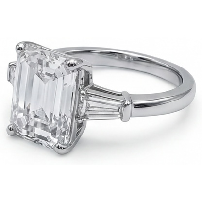 5.80 Ct. Emerald & Baguettes Natural Real Diamond ( Not Lab Grown ) 3 Stone Ring White Gold New