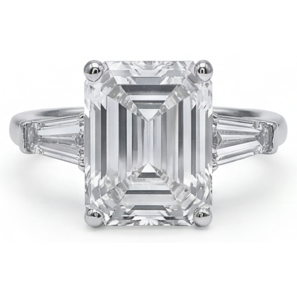 5.80 Ct. Emerald & Baguettes Natural Real Diamond ( Not Lab Grown ) 3 Stone Ring White Gold New