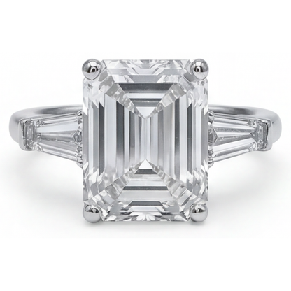 5.80 Ct. Emerald & Baguettes Natural Real Diamond ( Not Lab Grown ) 3 Stone Ring White Gold New