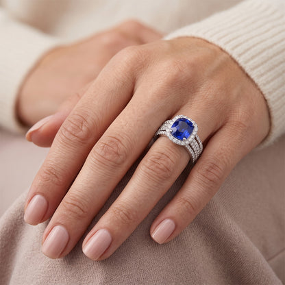 5.80 Ct Prong Ceylon Blue Sapphire Natural Earth Mined Diamonds Fancy Ring White Gold 14K
