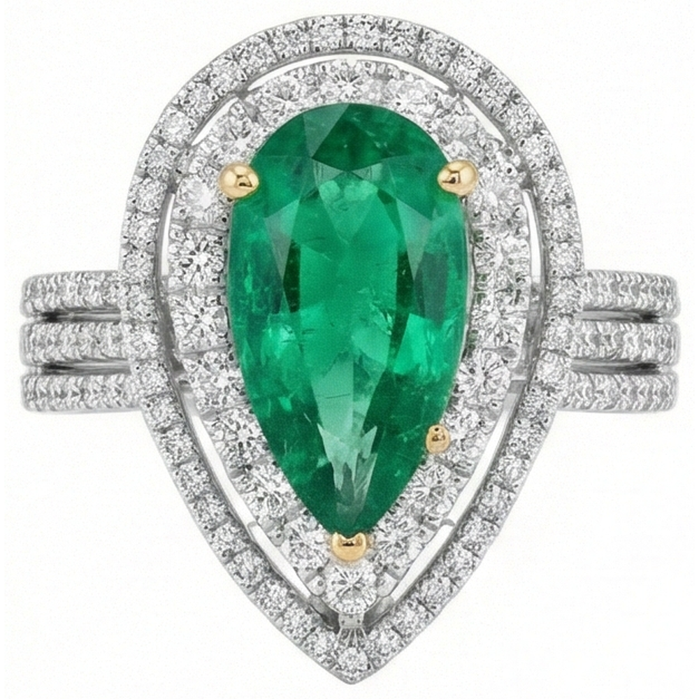 5 Carats Beautiful Pear Green Emerald Natural Earth Mined Diamond Ring White Gold 14K