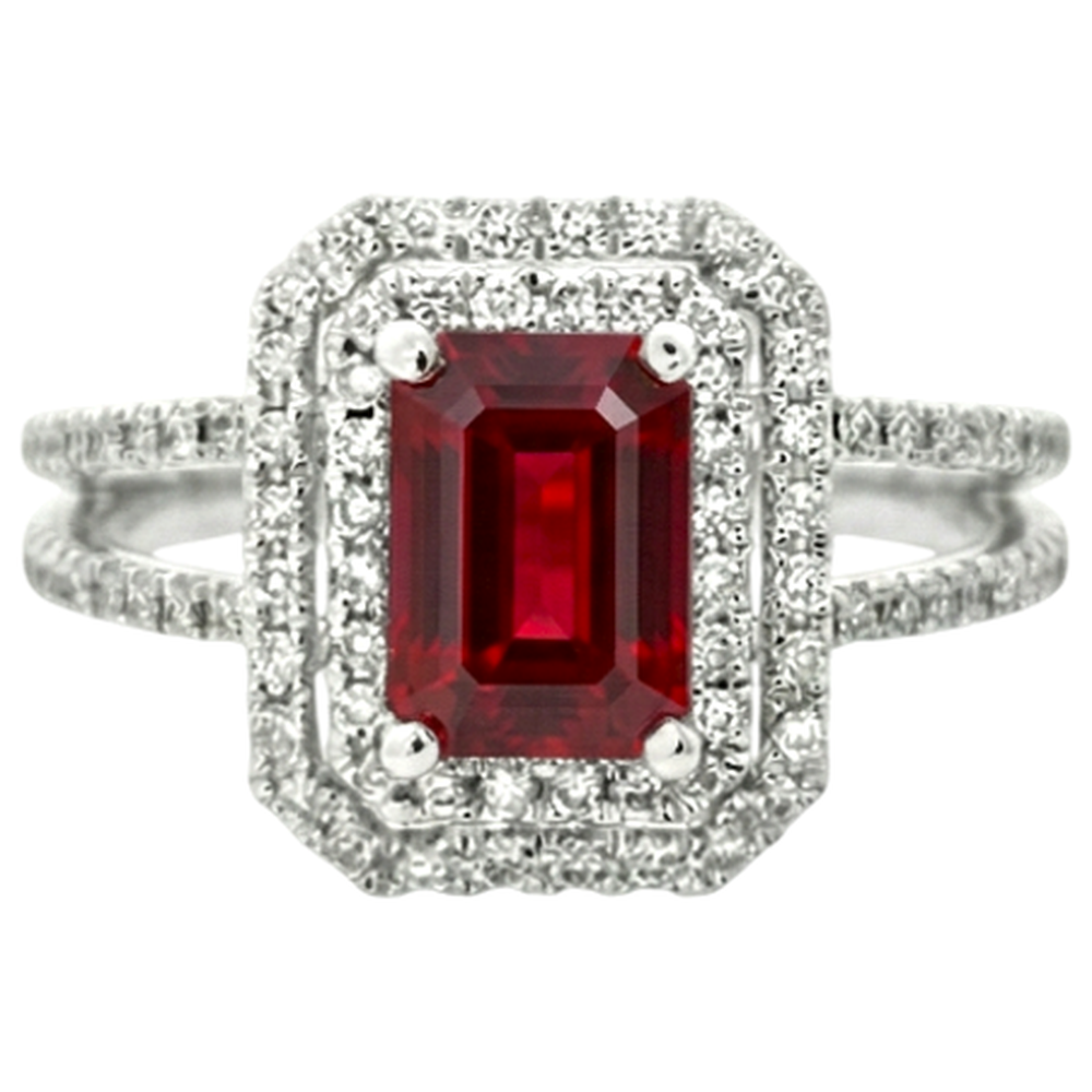 5 Carats Emerald Cut Ruby And Natural Earth Mined Diamond Ring White Gold 14K Jewelry