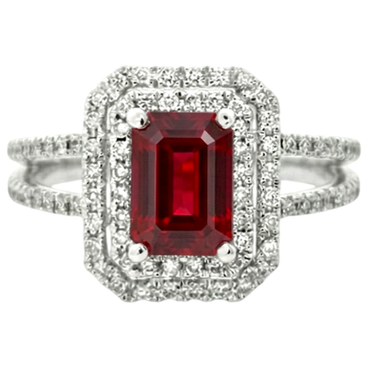 5 Carats Emerald Cut Ruby And Natural Earth Mined Diamond Ring White Gold 14K Jewelry