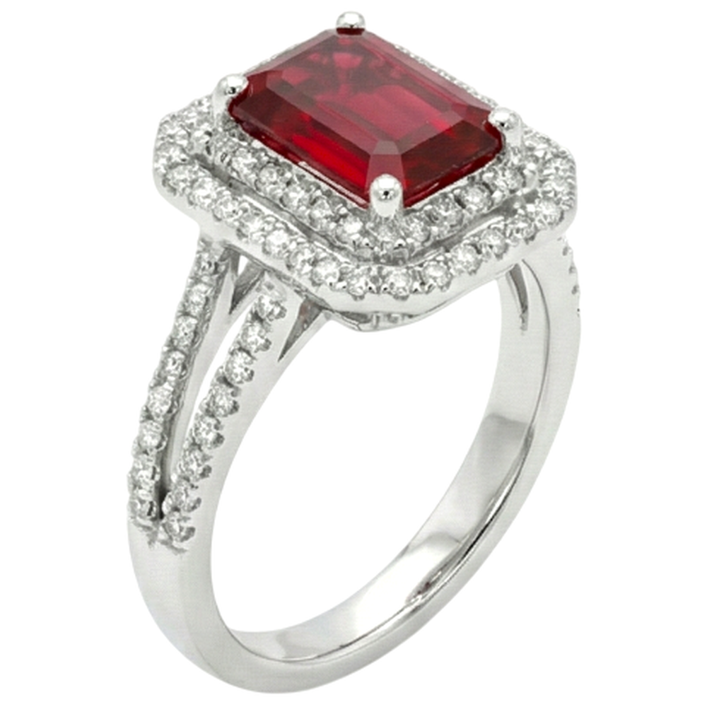 5 Carats Emerald Cut Ruby And Natural Earth Mined Diamond Ring White Gold 14K Jewelry