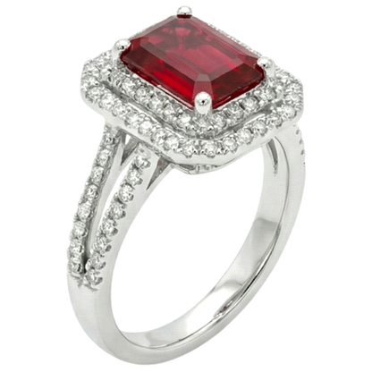 5 Carats Emerald Cut Ruby And Natural Earth Mined Diamond Ring White Gold 14K Jewelry