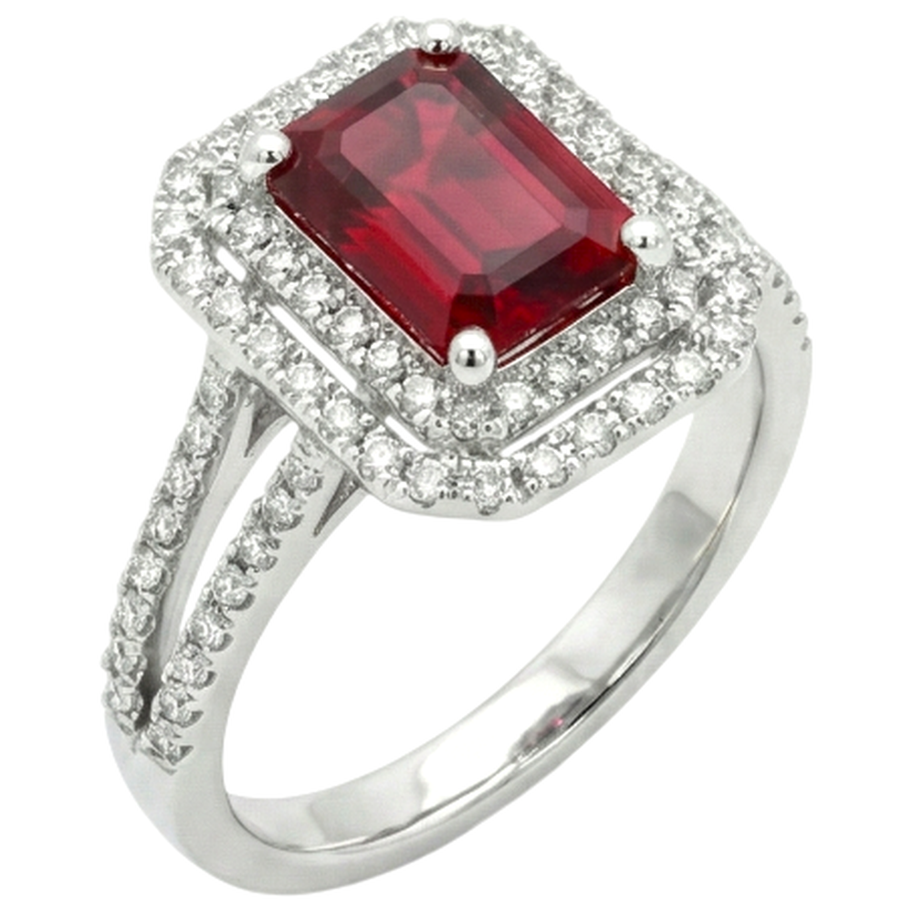 5 Carats Emerald Cut Ruby And Natural Earth Mined Diamond Ring White Gold 14K Jewelry