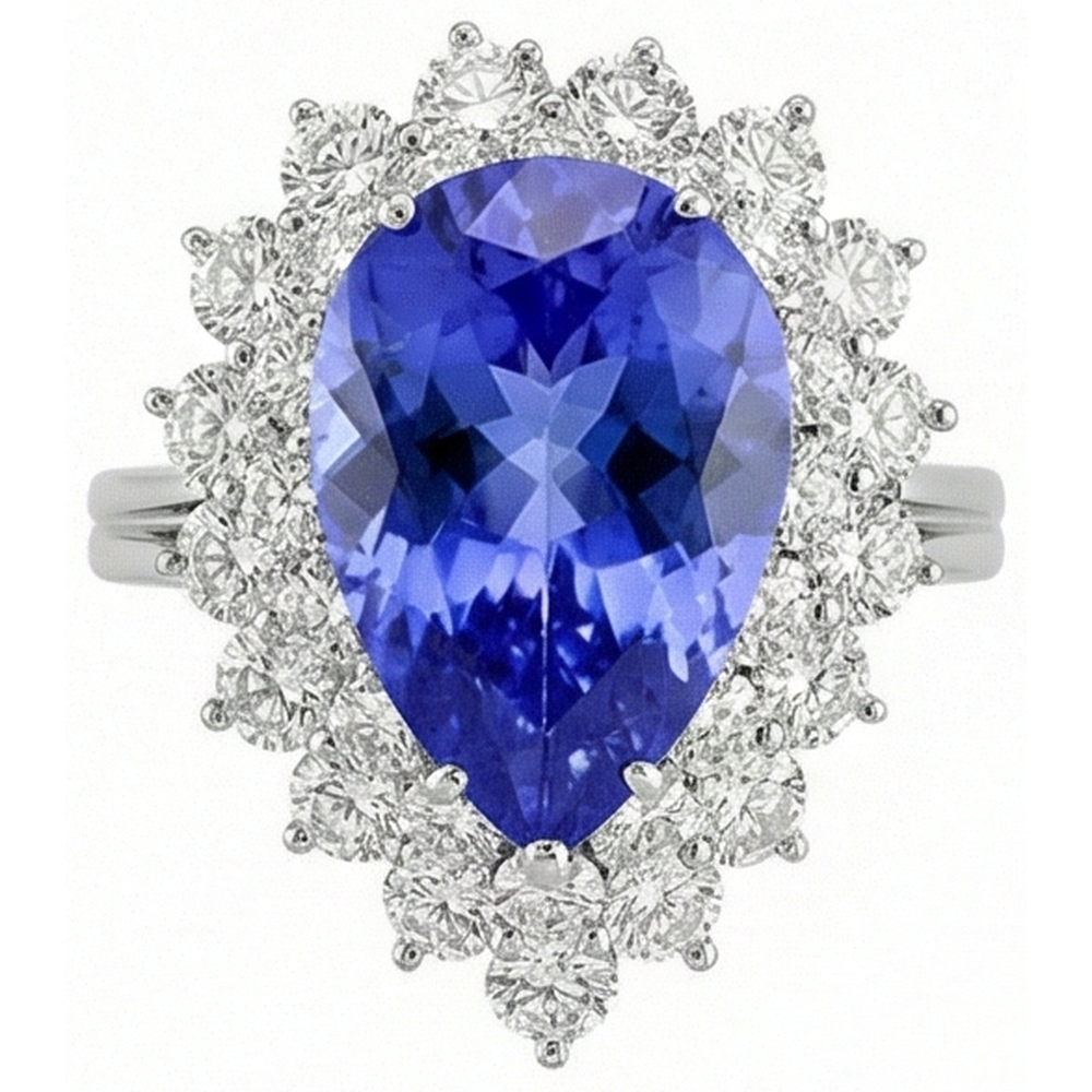 5 Carats Halo Pear Tanzanite & Natural Earth Mined Diamond Cluster Engagement Ring