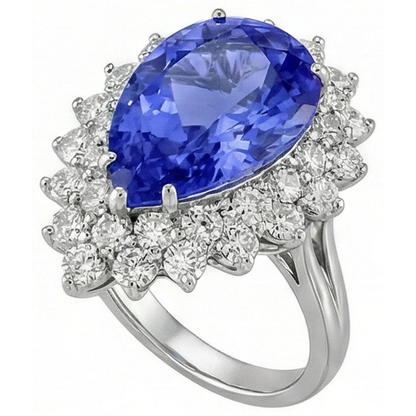 5 Carats Halo Pear Tanzanite & Natural Earth Mined Diamond Cluster Engagement Ring