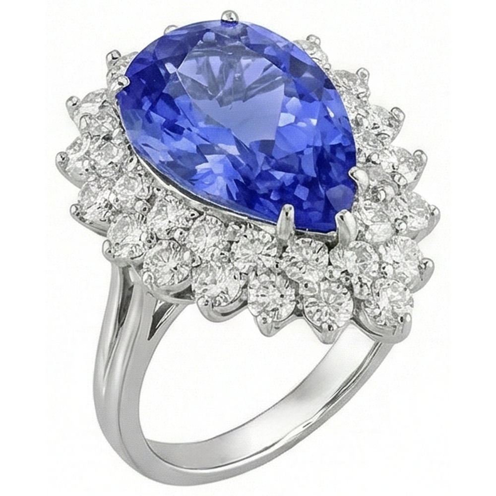 5 Carats Halo Pear Tanzanite & Natural Earth Mined Diamond Cluster Engagement Ring