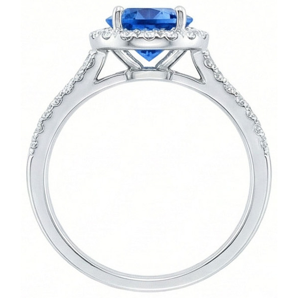 5 Ct Round Ceylon Sapphire With Natural Earth Mined Diamonds Ring White Gold 14K