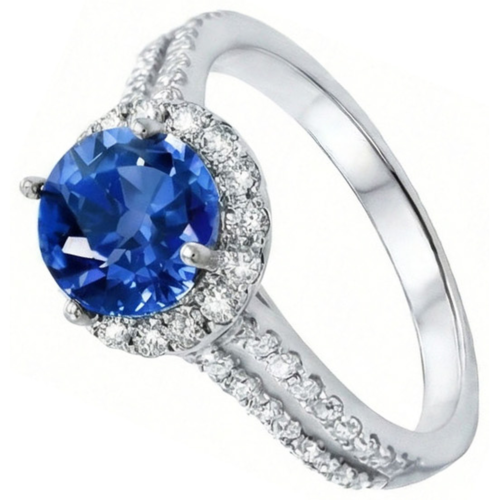 5 Ct Round Ceylon Sapphire With Natural Earth Mined Diamonds Ring White Gold 14K