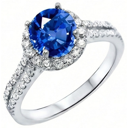 5 Ct Round Ceylon Sapphire With Natural Earth Mined Diamonds Ring White Gold 14K