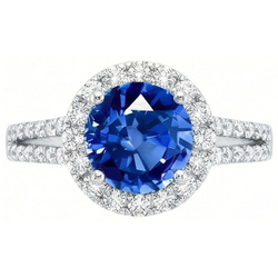 5 Ct Round Ceylon Sapphire With Natural Earth Mined Diamonds Ring White Gold 14K