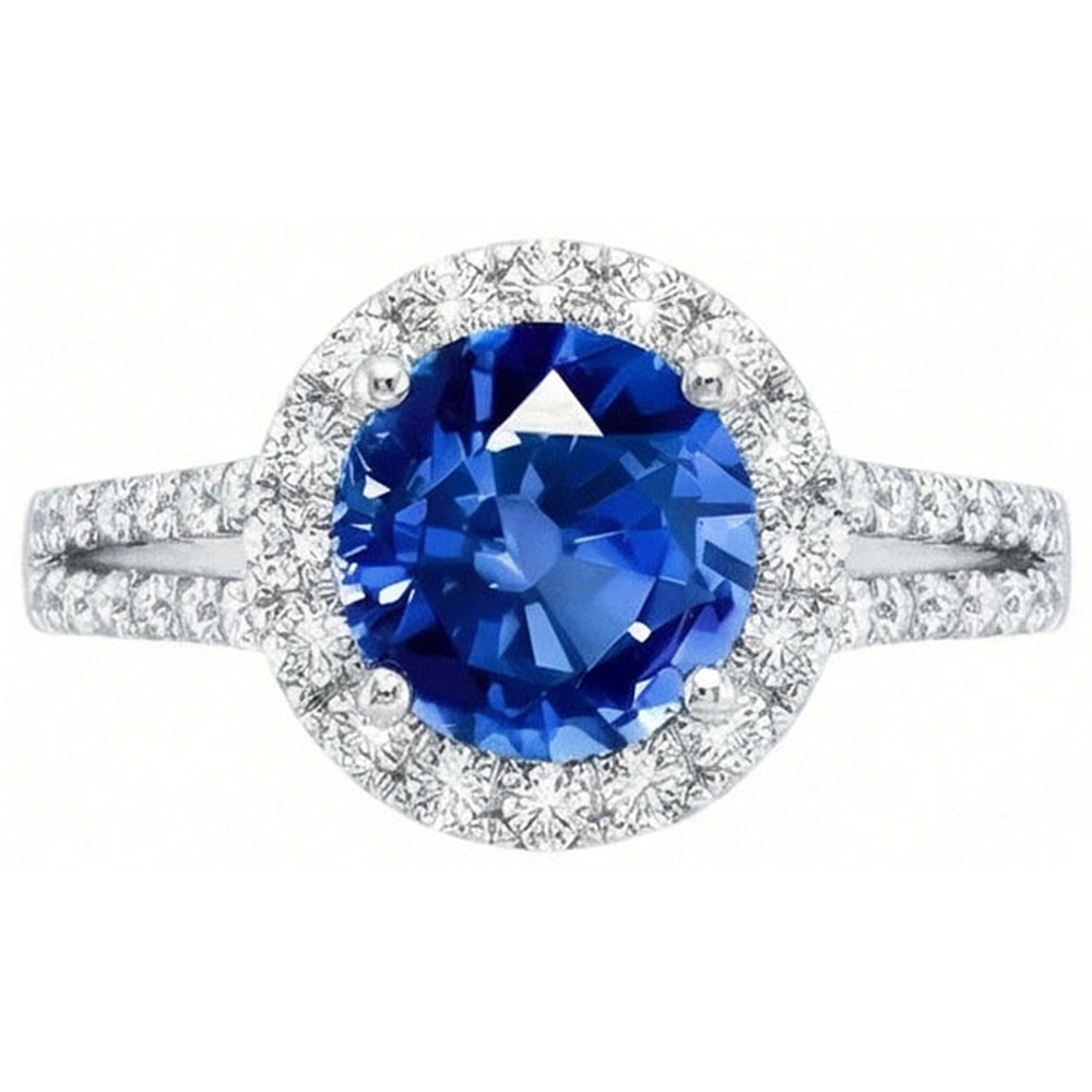 5 Ct Round Ceylon Sapphire With Natural Earth Mined Diamonds Ring White Gold 14K