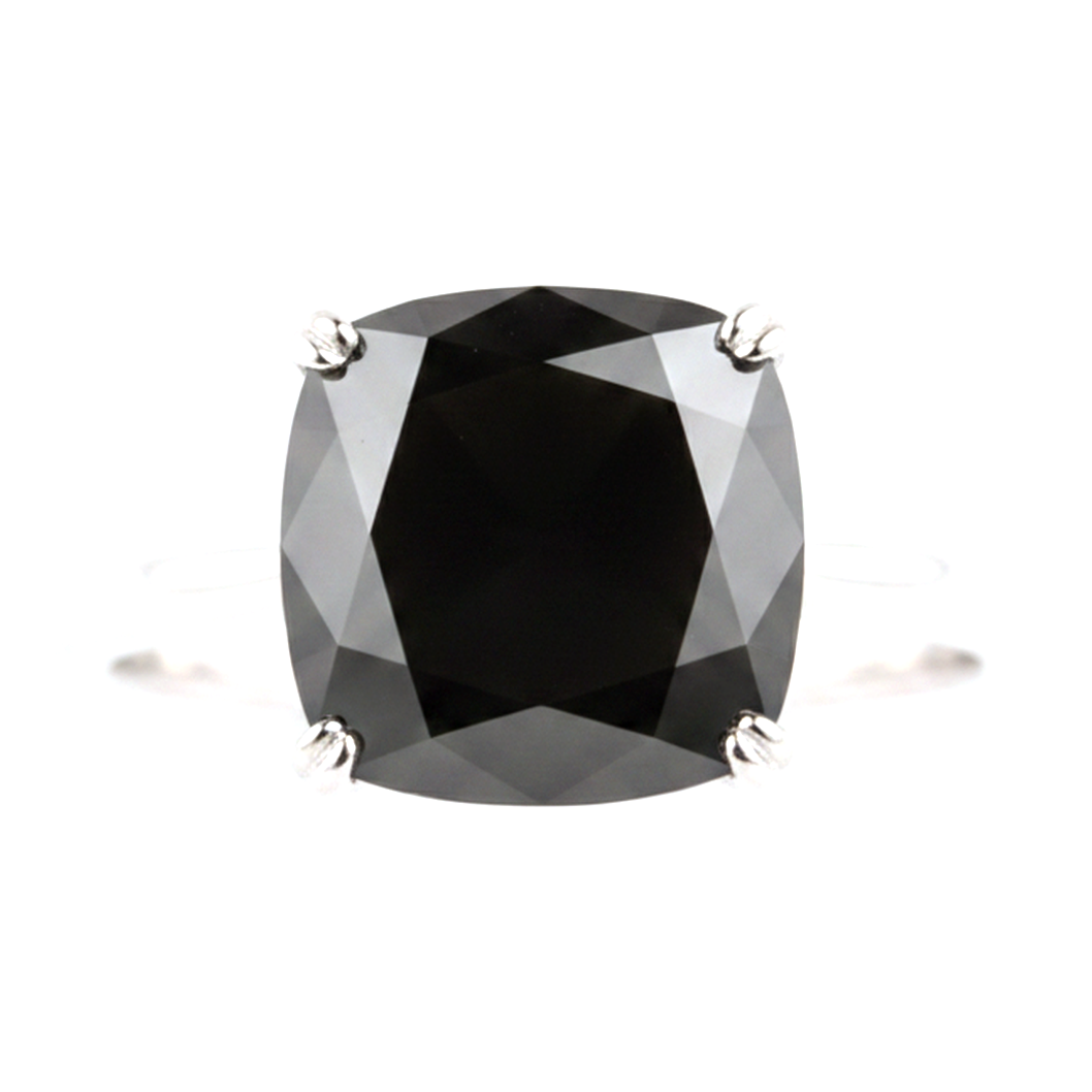 6 Carat Cushion Black Diamond Solitaire Ring Natural 14K White Gold