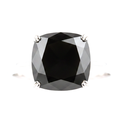 6 Carat Cushion Black Diamond Solitaire Ring Natural 14K White Gold