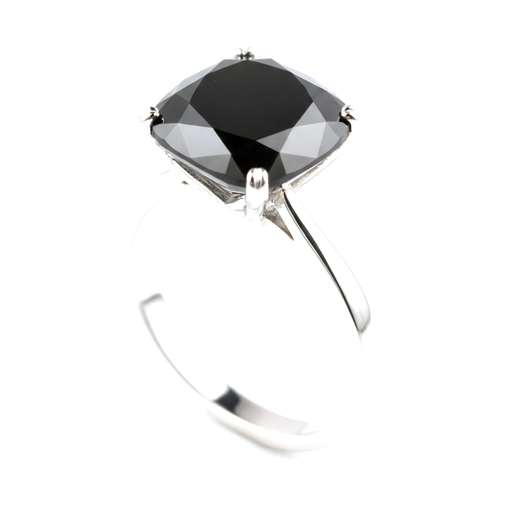6 Carat Cushion Black Diamond Solitaire Ring Natural 14K White Gold