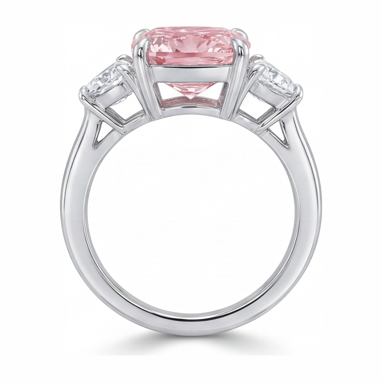 5 Carat Cushion Pink Lab Grown Diamond and White Diamond Three Stone Ring 14K White Gold