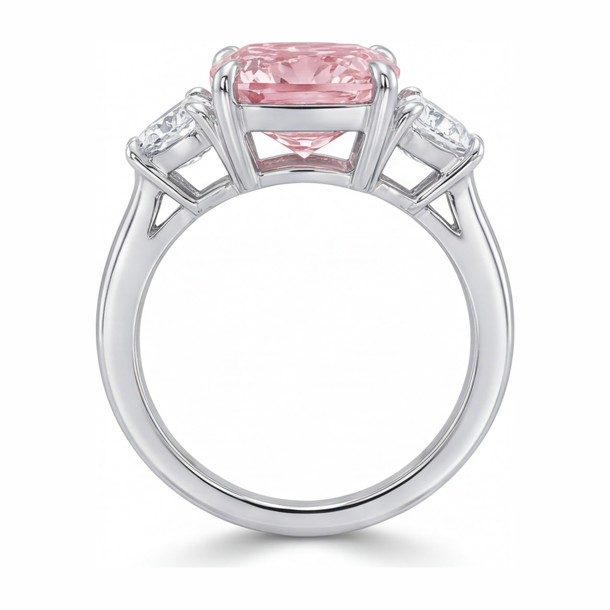 5 Carat Cushion Pink Lab Grown Diamond and White Diamond Three Stone Ring 14K White Gold