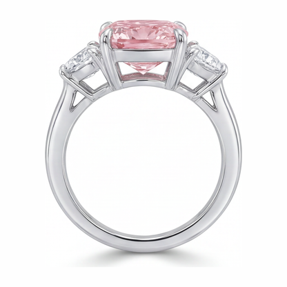 5 Carat Cushion Pink Lab Grown Diamond and White Diamond Three Stone Ring 14K White Gold