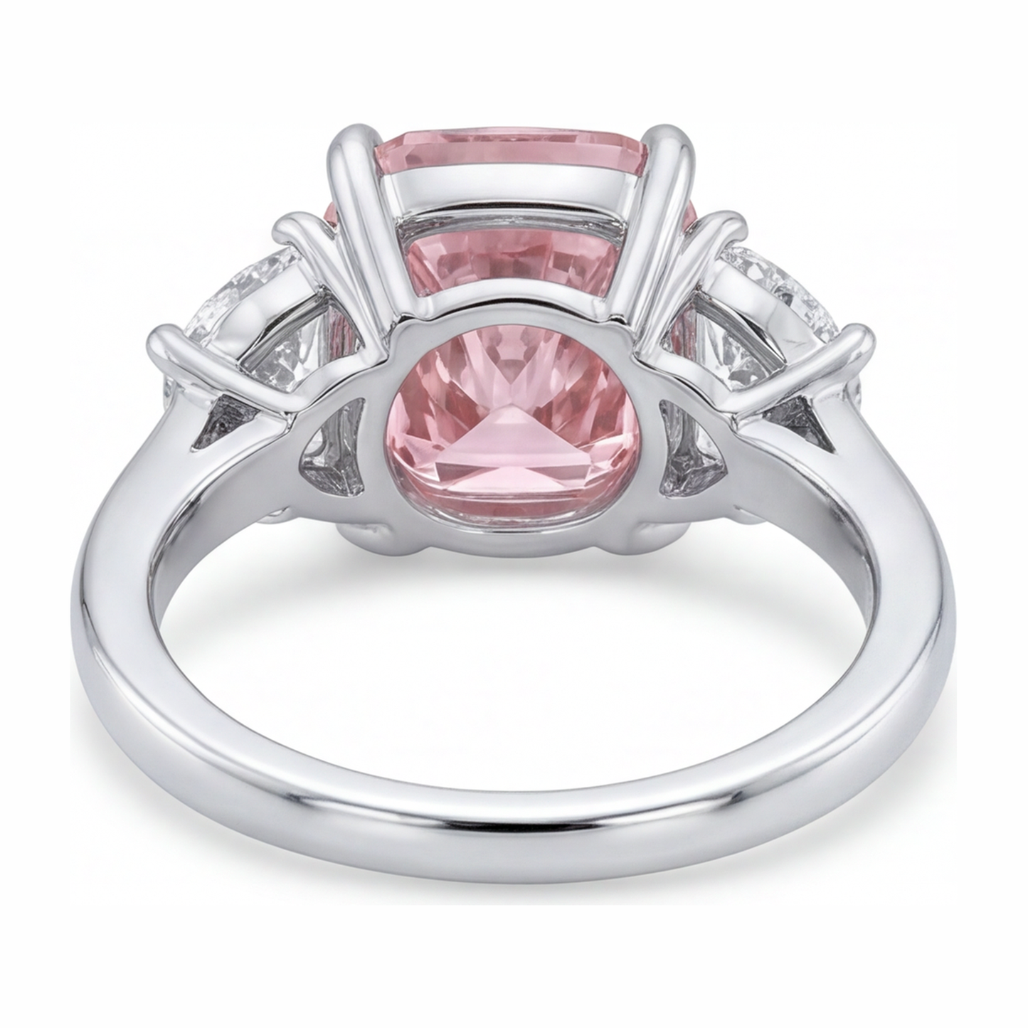 5 Carat Cushion Pink Lab Grown Diamond and White Diamond Three Stone Ring 14K White Gold