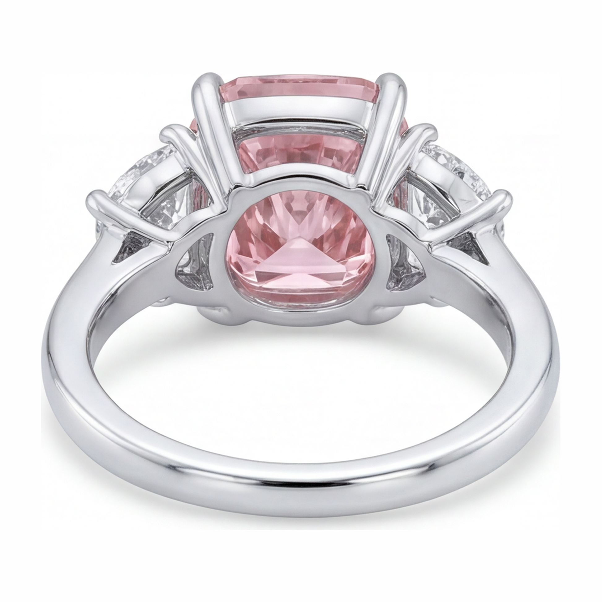 5 Carat Cushion Pink Lab Grown Diamond and White Diamond Three Stone Ring 14K White Gold