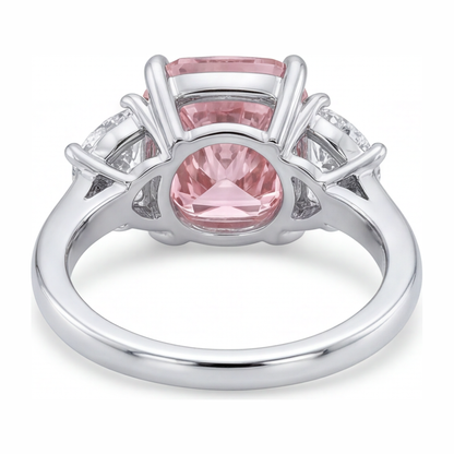 5 Carat Cushion Pink Lab Grown Diamond and White Diamond Three Stone Ring 14K White Gold