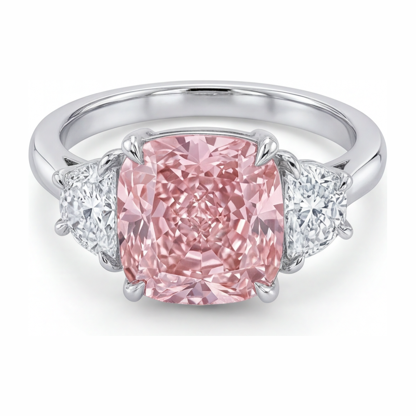 5 Carat Cushion Pink Lab Grown Diamond and White Diamond Three Stone Ring 14K White Gold