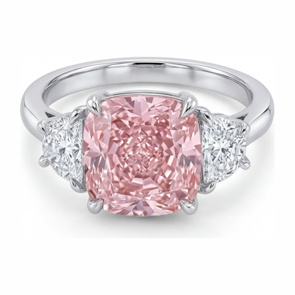 5 Carat Cushion Pink Lab Grown Diamond and White Diamond Three Stone Ring 14K White Gold