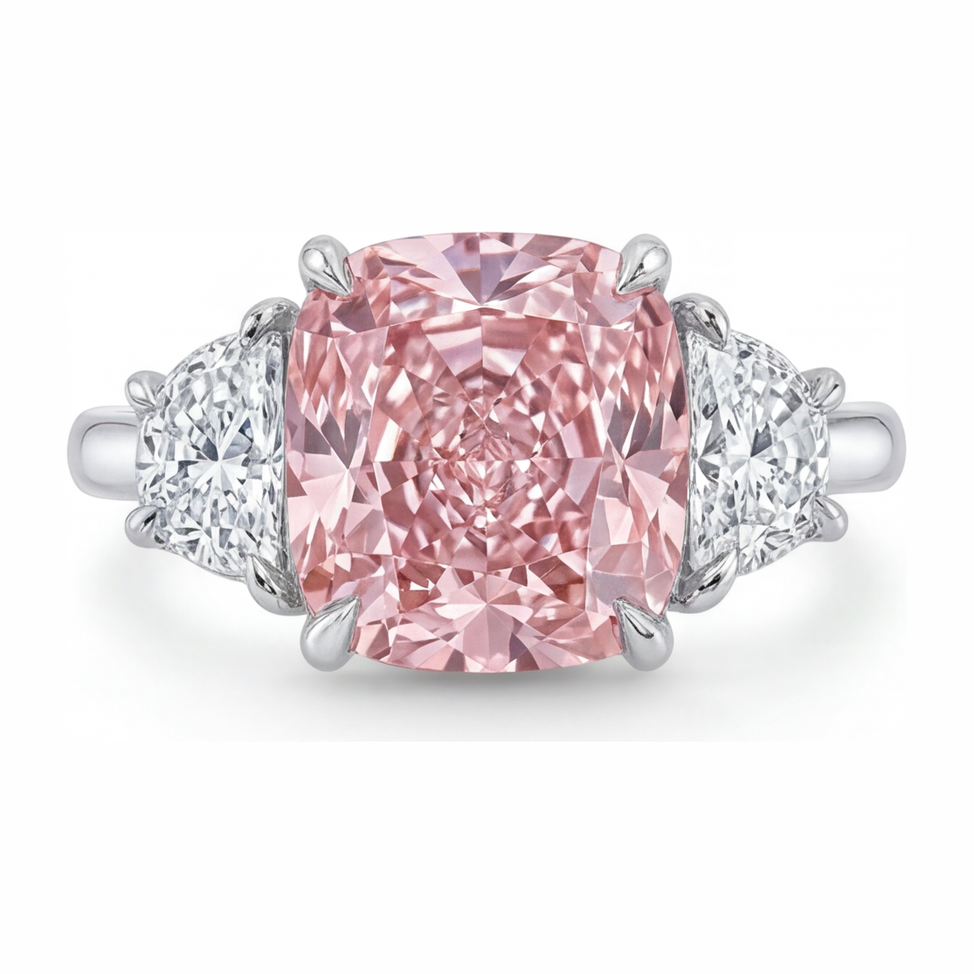 5 Carat Cushion Pink Lab Grown Diamond and White Diamond Three Stone Ring 14K White Gold