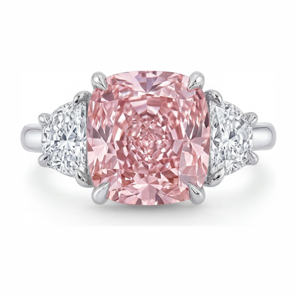 5 Carat Cushion Pink Lab Grown Diamond and White Diamond Three Stone Ring 14K White Gold