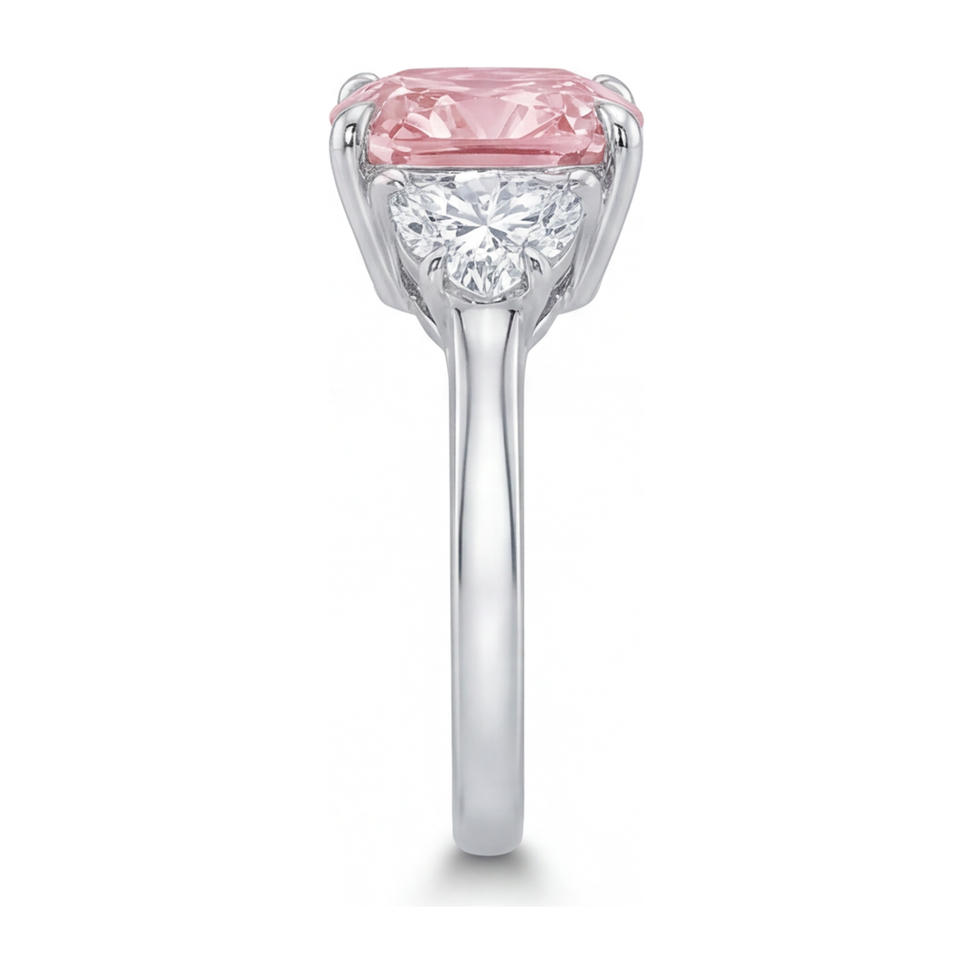 5 Carat Cushion Pink Lab Grown Diamond and White Diamond Three Stone Ring 14K White Gold