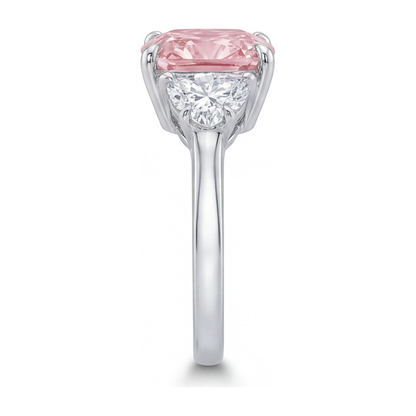 5 Carat Cushion Pink Lab Grown Diamond and White Diamond Three Stone Ring 14K White Gold