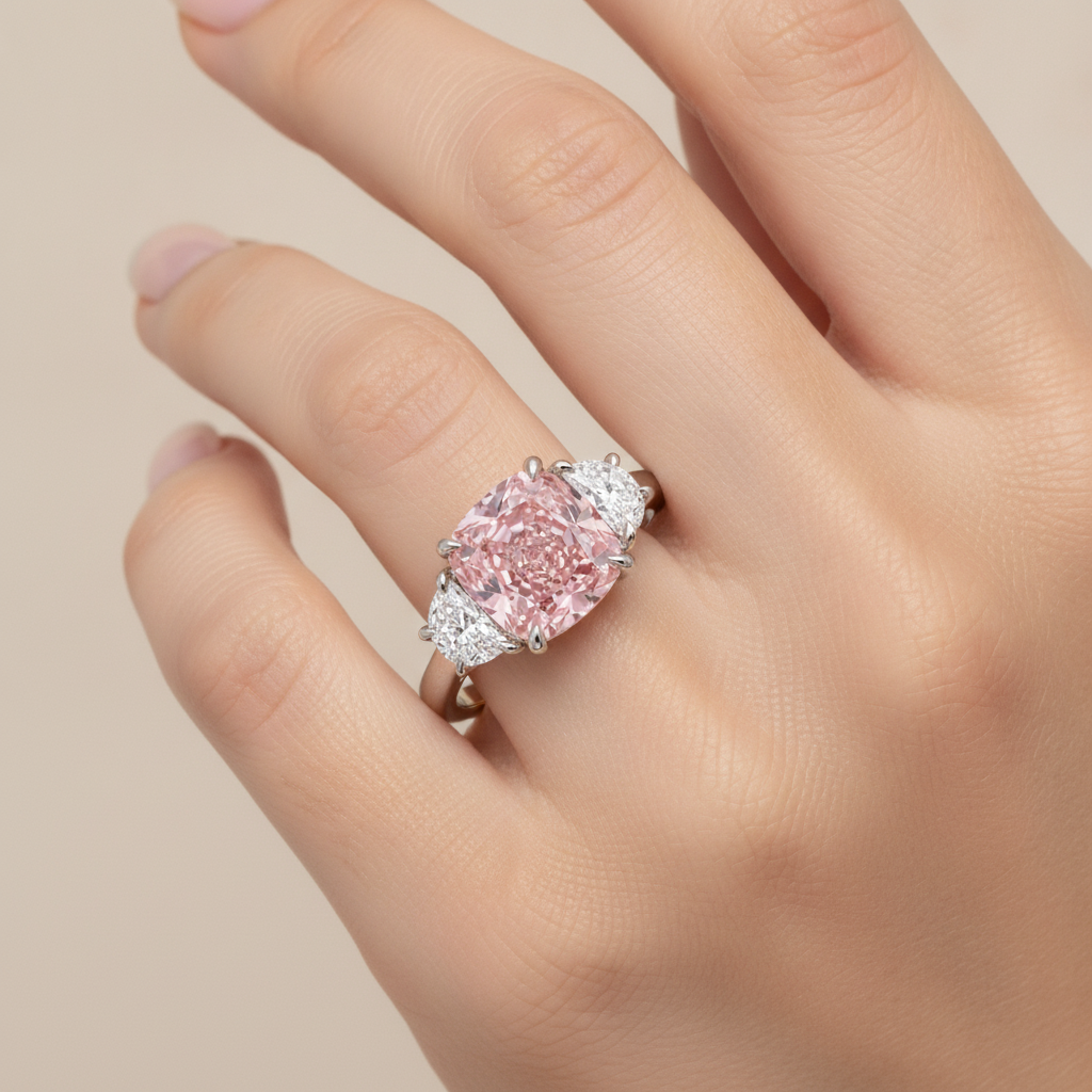5 Carat Cushion Pink Lab Grown Diamond and White Diamond Three Stone Ring 14K White Gold worn