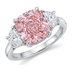 5 Carat Cushion Pink Lab Grown Diamond and White Diamond Three Stone Ring 14K White Gold