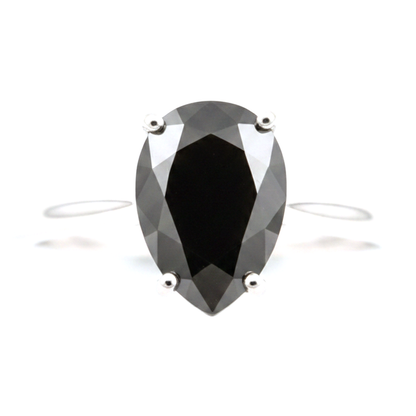 5 Carat Pear Black Diamond Solitaire Ring Natural 14K White Gold