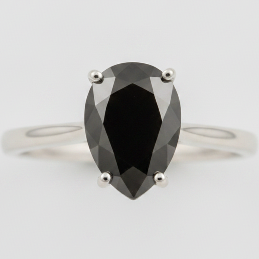 5 Carat Pear Black Diamond Solitaire Ring Natural 14K White Gold