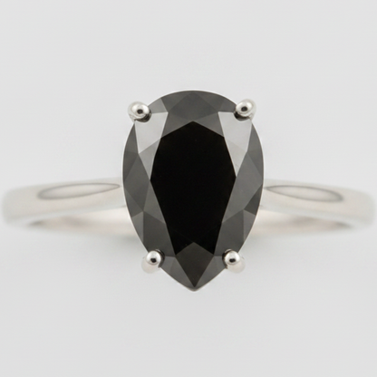 5 Carat Pear Black Diamond Solitaire Ring Natural 14K White Gold