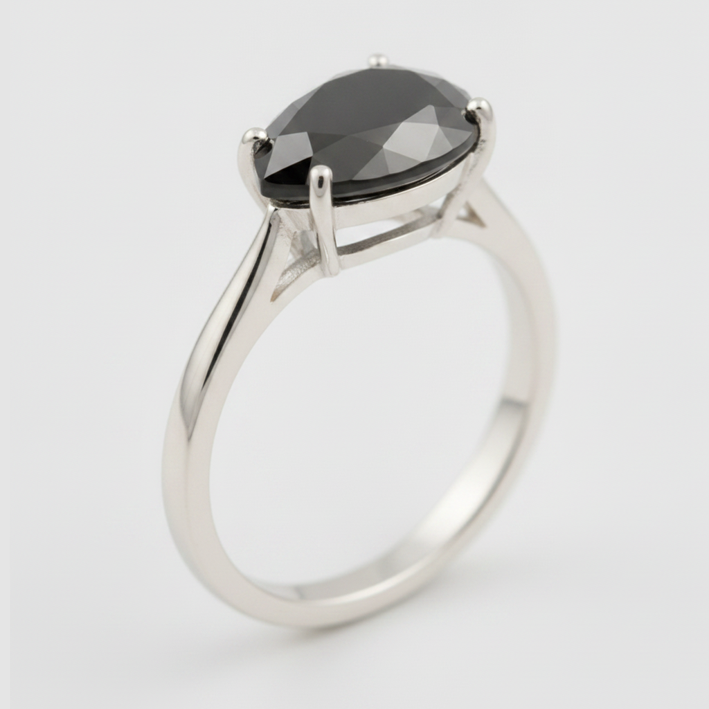 5 Carat Pear Black Diamond Solitaire Ring Natural 14K White Gold