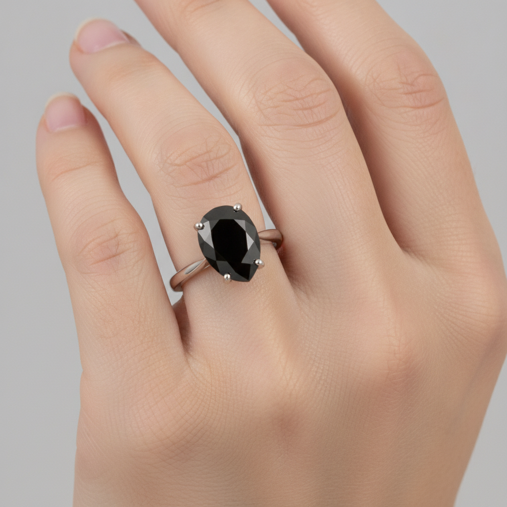 5 Carat Pear Black Diamond Solitaire Ring Natural 14K White Gold
