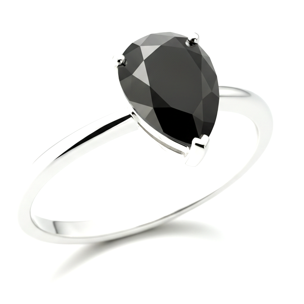 1.5 Carat Pear Black Diamond Solitaire Ring Natural 14K White Gold
